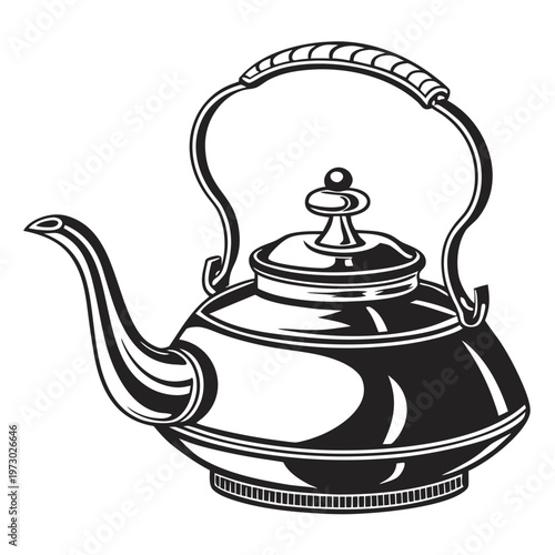 Vintage kettle vector illustration, antique metal teapot icon, retro kitchenware line art