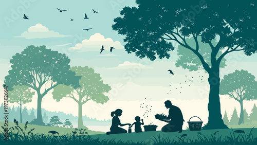A family enjoys a peaceful picnic in a park with trees and birds