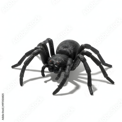 Realistic black plastic toy spider on a stark white background, creating an eerie shadow, perfect for Halloween and spooky designs