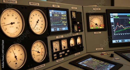 Gauges and meters displaying readings in a control panel