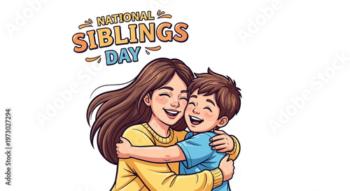 Illustration of a happy brother and sister celebrating National Siblings Day with a playful and affectionate moment.