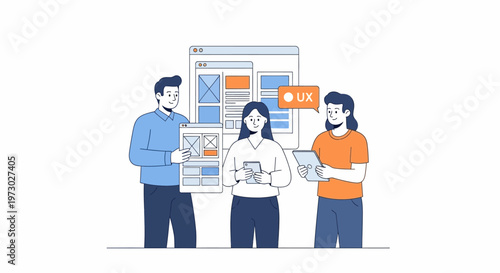 Three people discussing a presentation.