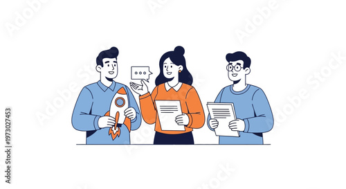 Three people discussing business documents.