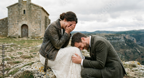 A bride and groom are overcome with emotion, crying together on a rocky outcrop in front of a stone building.