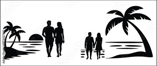 Couple walking on beach at sunset silhouette vector icon. Romantic seaside scene minimal pictogram for love, travel and vacation concept design
