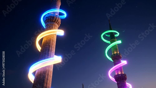Minarets of a mosque adorned with vibrant neon lights creating a mesmerizing spectacle against the twilight sky.