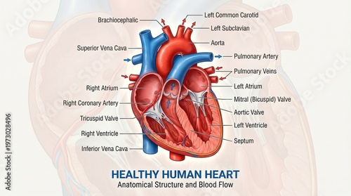 Diagram of a healthy human heart with labeled anatomy