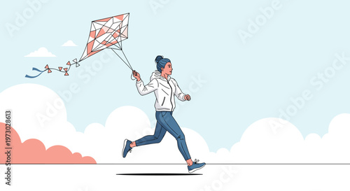 Young woman running across a field with a large colorful kite flying high in a cloudy sky during a sunny day.