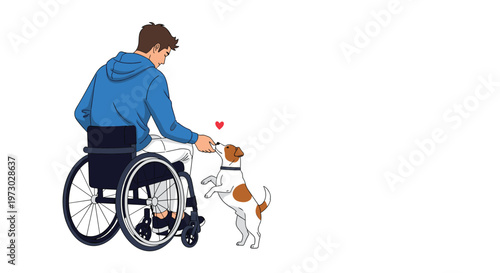 Young man in a wheelchair sharing a joyful moment with his small white and brown dog in a bright white space.