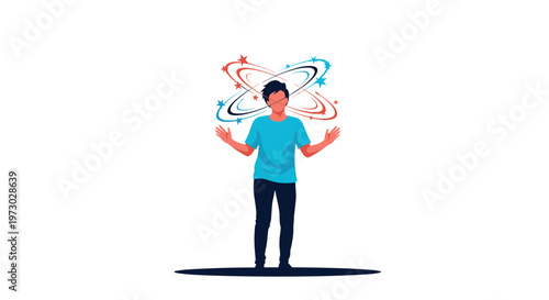 Man feeling dizzy and confused with spinning stars and colorful circles around his head on a white background.