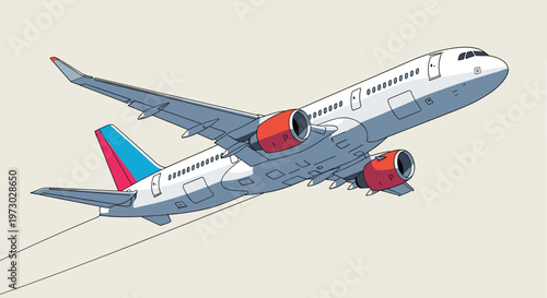 Large commercial airplane with red engines taking off into a clear sky with a white body and blue tail details.