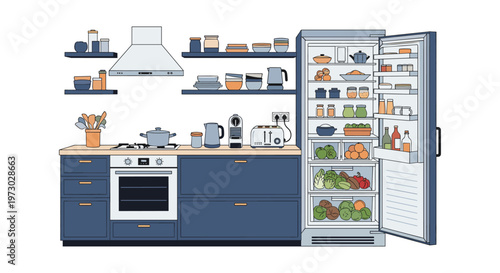 Modern dark blue kitchen interior with open refrigerator full of fresh food, a stove, toaster, and wall shelves.