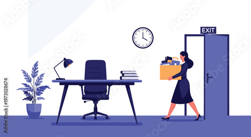Businesswoman carrying a box of her belongings while leaving an empty office through an exit door at the end of a shift.