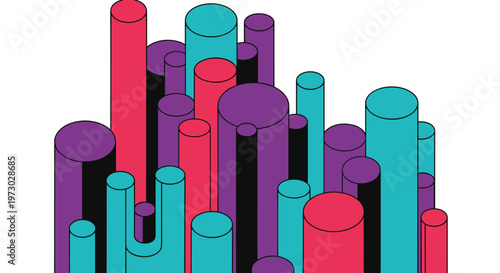 Abstract composition of colorful 3D cylinders in purple, blue, red, and black at varying heights for a creative design.