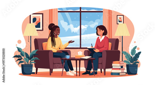 Professional therapy session features a woman sharing her thoughts with a counselor who takes notes in a peaceful room with a snowy view.