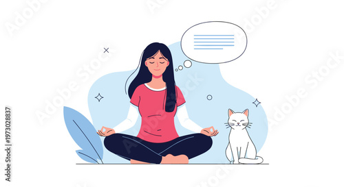 Calm woman practices mindfulness meditation in a lotus pose while her pet cat sits beside her in a peaceful, quiet indoor setting.