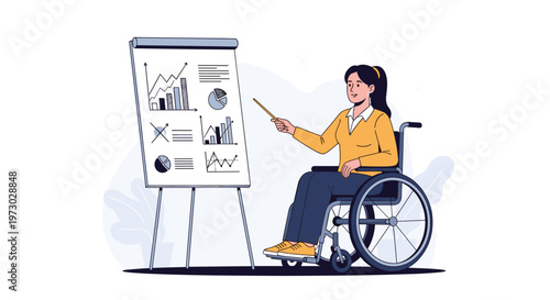 Empowered woman using a wheelchair leads a business presentation by pointing to various data charts and graphs on a white flipchart.