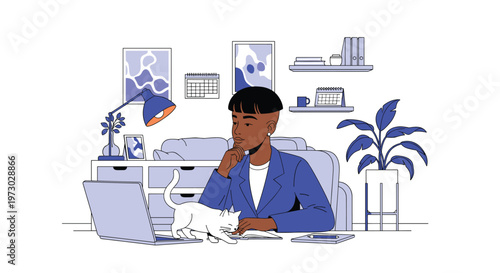 Focused person works on a laptop at their home office desk while a curious white cat walks across the workspace during the day.