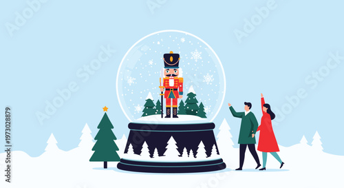 Happy couple gazes at a magical giant nutcracker snow globe set in a beautiful winter landscape with snowy pine trees and flakes.