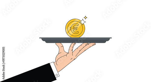 Professional waiter in a tuxedo holds a silver serving tray featuring a large golden Euro coin, symbolizing wealth and luxury service.