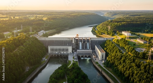Aerial view of a hydroelectric dam in a river valley