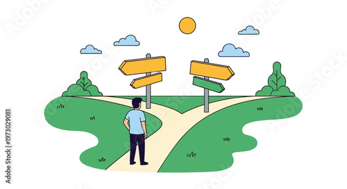 Man stands at a fork in a pathway while looking at multiple directional signs, representing a moment of difficult life choices.