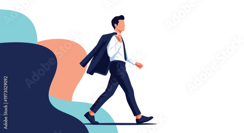 Successful businessman walks with his suit jacket slung over his shoulder against a vibrant background of blue and orange abstract shapes.