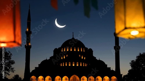 Ramadan Night Scene with Mosque Silhouette and Crescent Moon.