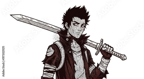 Anime warrior with sword, black and white illustration