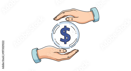 Protective hands frame a floating glass bubble that contains a blue dollar sign, representing financial security and investment protection.