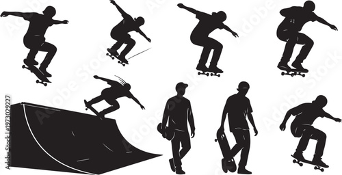 A collection of various skateboarder silhouettes performing dynamic tricks and stunts on a ramp