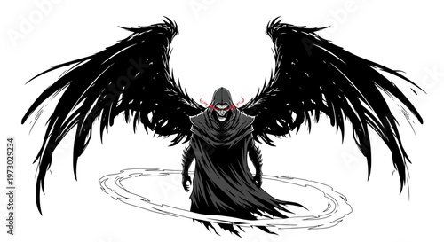 Dark Angel with Black Wings and Red Eyes