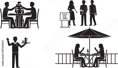 A collection of black silhouettes depicting various scenes and interactions in a restaurant setting.