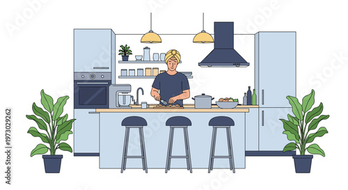 Person wearing a turban prepares food in a large, modern kitchen with white cabinets, stainless steel appliances, and indoor plants.