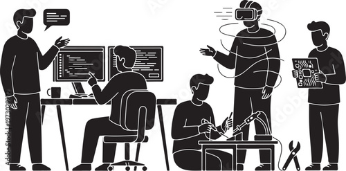 A team of developers and engineers working together in a modern collaborative technology workspace