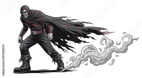 Dark hooded figure with tattered cloak emerging from smoke, aggressive stance