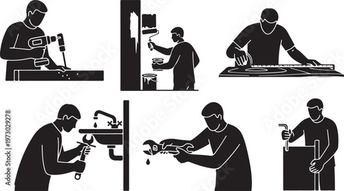 A collection of black silhouettes showing various construction workers performing manual tasks