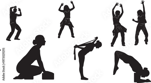 A collection of black silhouettes showing people engaged in various athletic poses and exercise