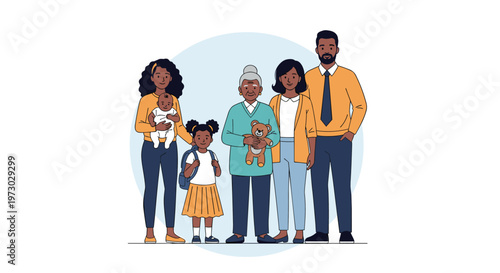 Happy multi-generational family portrait featuring grandparents, parents, a young child with a backpack, and a baby together.