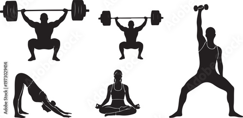 A collection of black silhouettes showing various exercise poses and weightlifting movements.