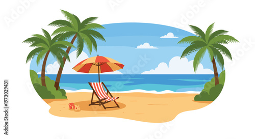 Relaxing tropical beach scene features a striped lounge chair under a colorful sun umbrella surrounded by sand and palm trees.