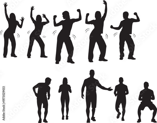 Black  silhouettes showing people engaged in dancing and active movement poses
