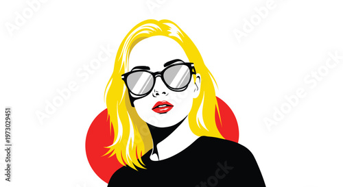Modern artistic portrait of a stylish woman with vibrant yellow hair and dark sunglasses set against a bold red circular backdrop.