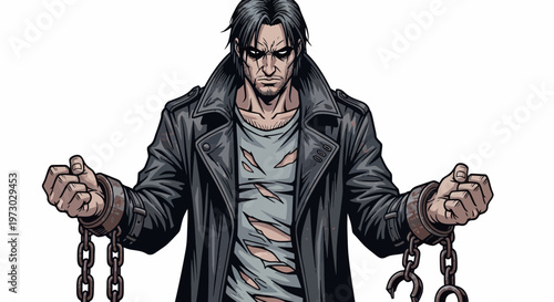 Man in torn clothes and trench coat with broken chains