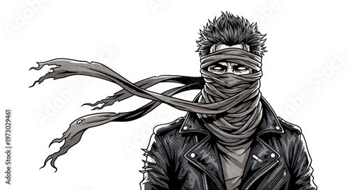 Man with scarf covering face, leather jacket, windblown hair, dark style