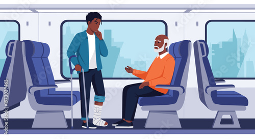 Young man with a bandaged leg and crutches stands in a train carriage while talking to an elderly gentleman sitting nearby.