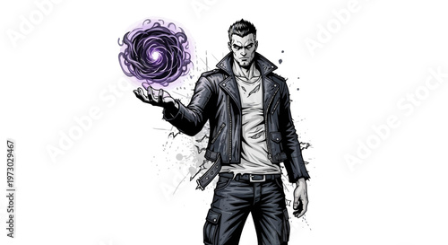 Man with energy ball, fantasy character, magic power, comic style