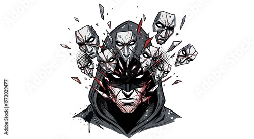 Man with multiple masks, mental breakdown, identity crisis, psychological concept
