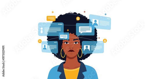 Thoughtful African American woman is surrounded by many blue and orange floating message bubbles and social media notification icons.