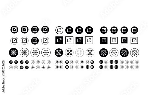 Collection of Black and White Icons for Checkmarks, Expand, and Snowflake Symbols